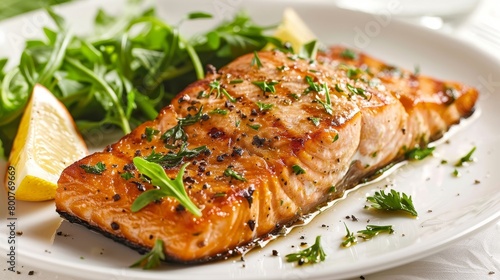 Aerial shot of a sizzling grilled salmon fillet, glistening with herbs, on a pristine white plate, vibrant greens on the side, high-res, studio lighting, fresh look