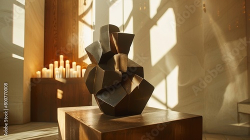 The cubist sculpture holds a of flickering candles casting bold shadows on the surrounding walls. 2d flat cartoon. photo