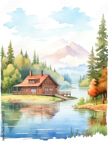 watercolor painting of a small brown wooden cabin on a lake surrounded by pine trees and mountains in the background