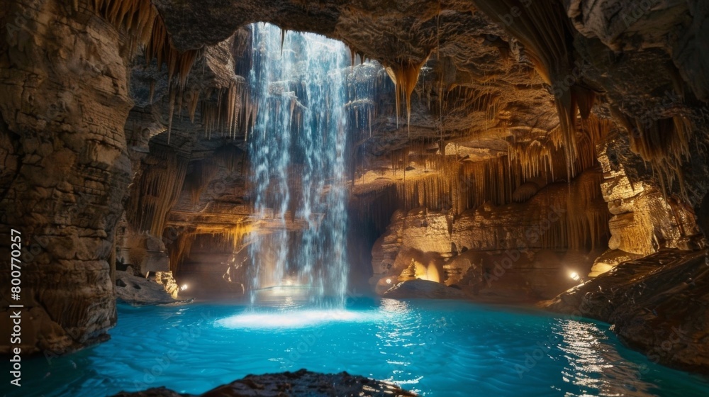 As they reach the heart of the cave the group is met with a breathtaking sight. A massive underground waterfall cascades into a pool . .