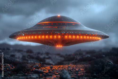 Ominous Alien Spacecraft Hovers Above Storm-Shrouded Landscape in 3D