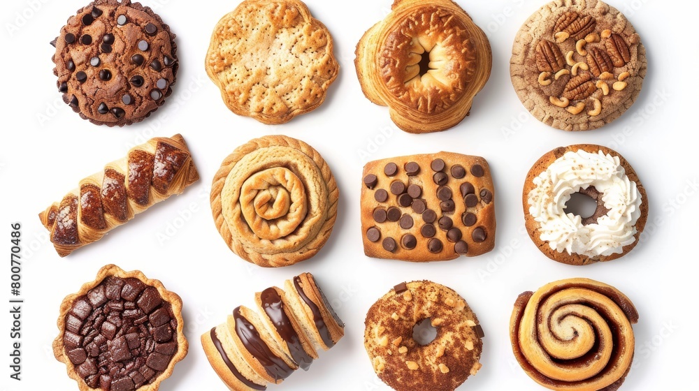 Array of favorite pastries such as chocolate chip cookies, fresh apple pie, and fluffy cinnamon rolls from above, isolated on white Array of favorite pastries such as chocolate chip cookies, fresh apple pie, and fluffy cinnamon rolls from above, isolated on white