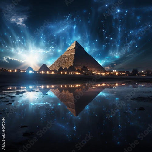 The Great Pyramids of Giza at night  with a starry sky and a city in the background. The pyramids are reflected in a body of water in the foreground.