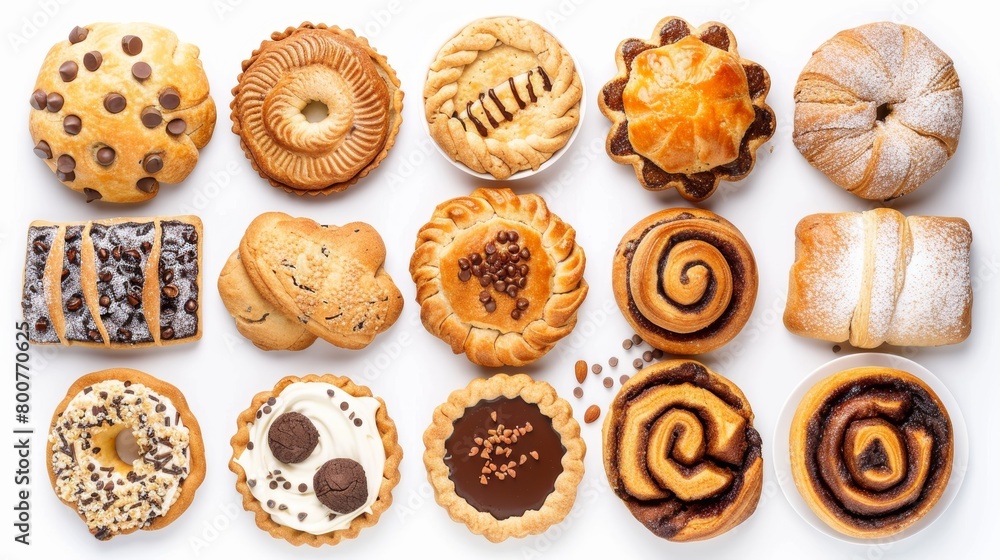 Array of favorite pastries such as chocolate chip cookies, fresh apple pie, and fluffy cinnamon rolls from above, isolated on white Array of favorite pastries such as chocolate chip cookies, fresh apple pie, and fluffy cinnamon rolls from above, isolated on white