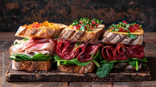 Artisan sandwich showcase, with top-tier meats, cheeses, and spreads, crafted on fresh breads, studio lighting in raw style, isolated from background