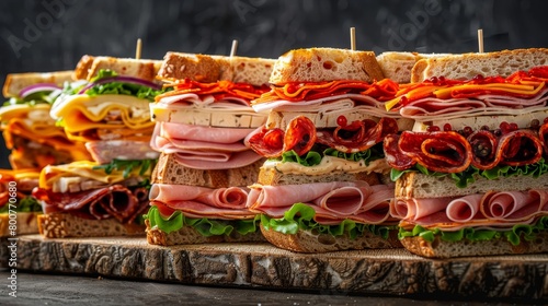 Artisan sandwich showcase, with top-tier meats, cheeses, and spreads, crafted on fresh breads, studio lighting in raw style, isolated from background