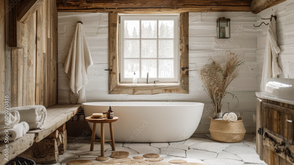 A bathroom with a large white bathtub and a window. The room is decorated with wooden accents and has a rustic feel A bathroom with a large white bathtub and a window. The room is decorated with wooden accents and has a rustic feel