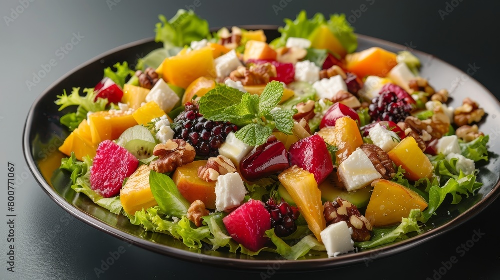 Artistic arrangement of mixed salad with exotic fruits, walnuts, and feta, elegantly presented on a plain backdrop with soft studio lighting Artistic arrangement of mixed salad with exotic fruits, walnuts, and feta, elegantly presented on a plain backdrop with soft studio lighting