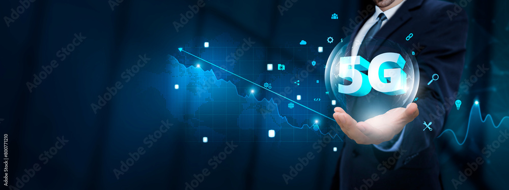 5G: Businessman Hand Holding Virtual 5G Icon with Technological Icons. High-Speed Connectivity and Advanced Networking.