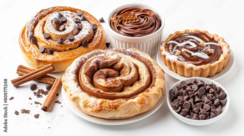 Artistic arrangement of sweet treats including cinnamon rolls, apple pie, and chocolate chip cookies, top angle, clean isolated backdrop Artistic arrangement of sweet treats including cinnamon rolls, apple pie, and chocolate chip cookies, top angle, clean isolated backdrop