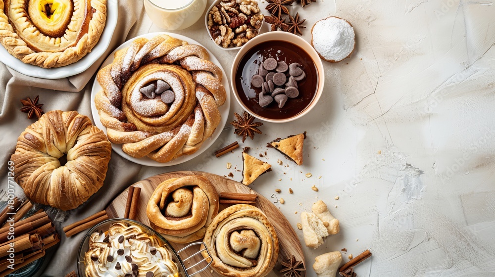 Artistic arrangement of sweet treats including cinnamon rolls, apple pie, and chocolate chip cookies, top angle, clean isolated backdrop