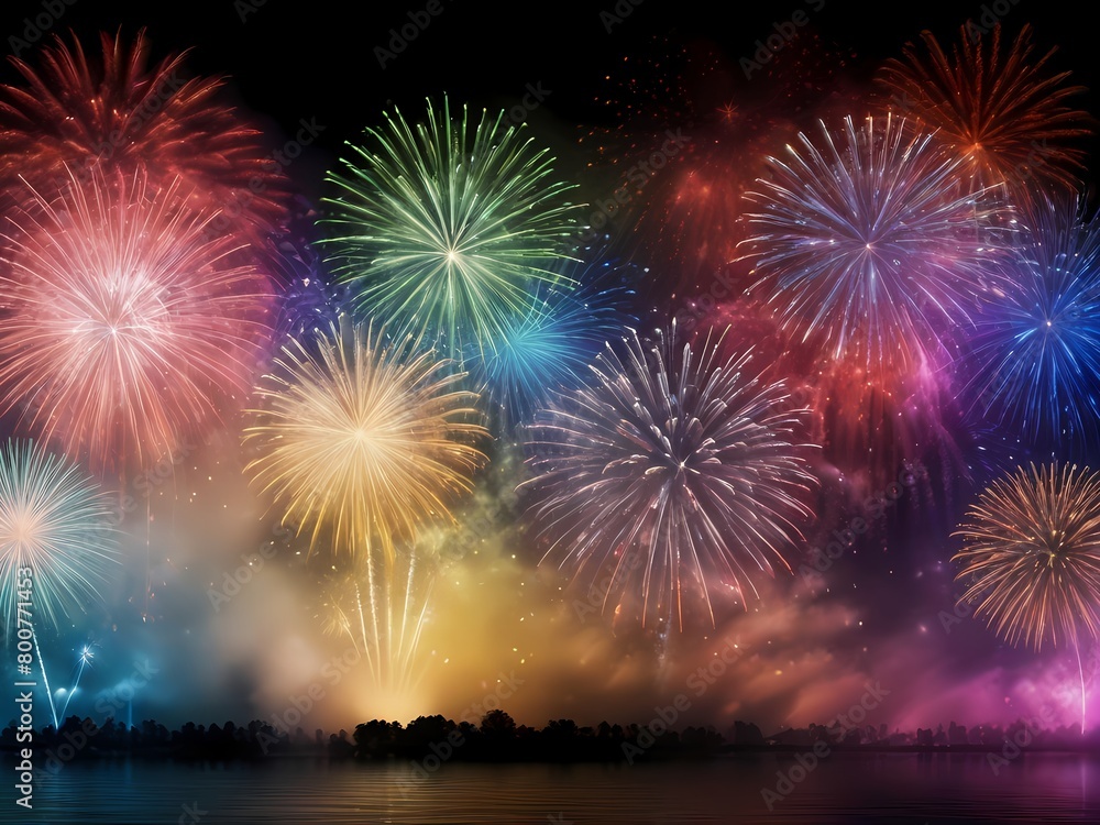 Colorful fireworks background in a bright sky with mountains and sea, night party celebration 
