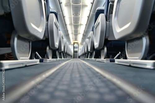 A close-up image of an airplane seating aisle for passengers