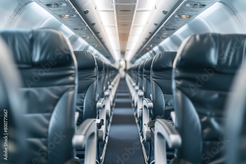 A close-up image of an airplane seating aisle for passengers