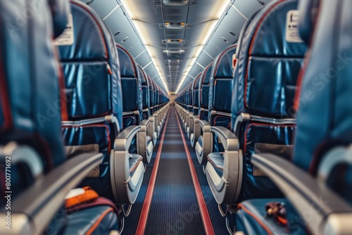 A close-up image of an airplane seating aisle for passengers