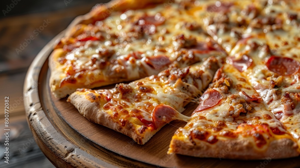 Artistic shot of a thin crust pizza, melting cheese perfectly browned, topped with an array of meats and veggies, showcased on an isolated backdrop, studio illumination Artistic shot of a thin crust pizza, melting cheese perfectly browned, topped with an array of meats and veggies, showcased on an isolated backdrop, studio illumination