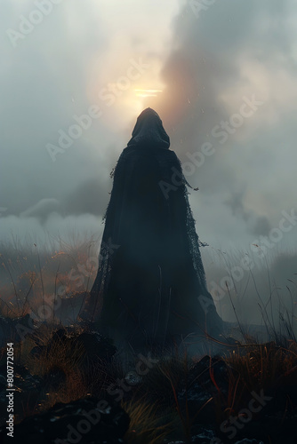 Towering Shrouded Monolith Casts Ominous Presence Over Desolate Moorlands photo
