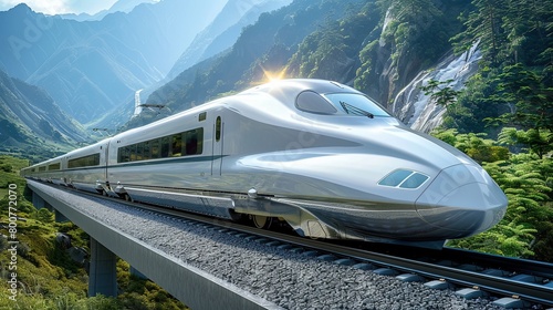 The modern train gracefully makes its way through the majestic mountains. Aesthetic mountain landscape. Generative AI