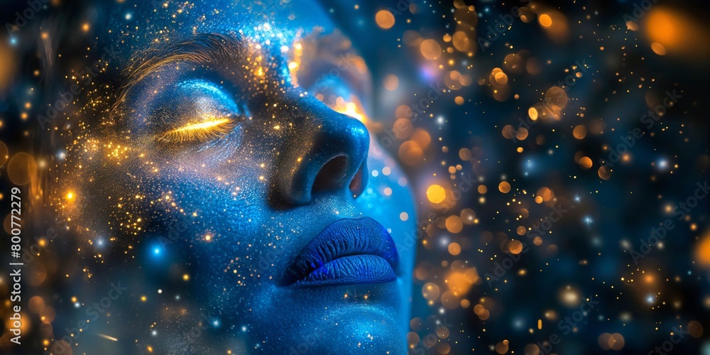 Cosmic-themed portrait of a woman with blue skin and gold glitter, evoking a starry night sky Cosmic-themed portrait of a woman with blue skin and gold glitter, evoking a starry night sky