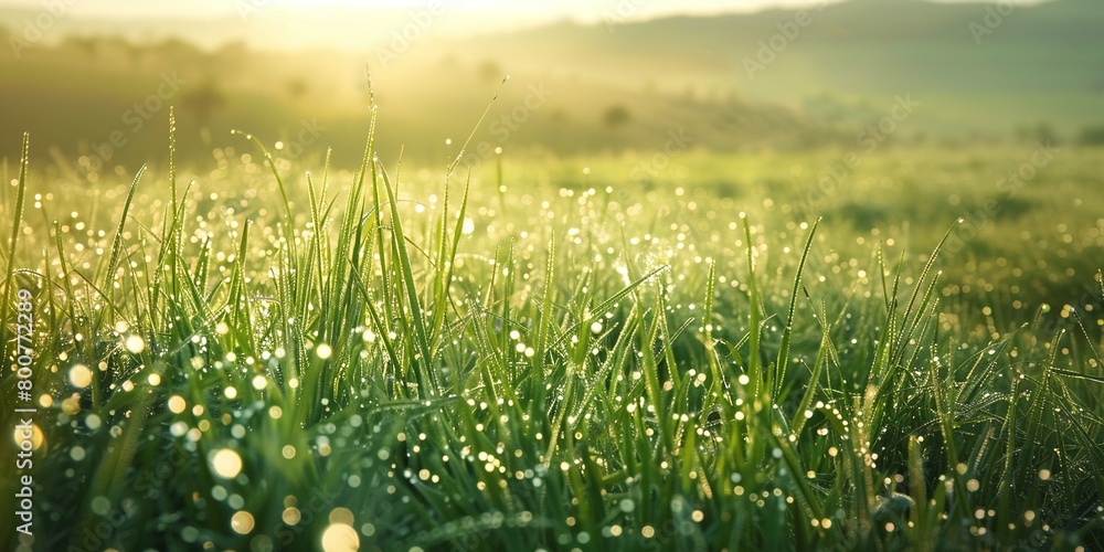 Morning sunlight falls on lush green grass in dew. The dew sparkles like a diamond in the soft light. Generative AI