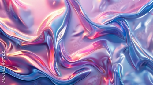 Flowing holographic abstract waves with pastel pink and blue colors, creating a serene pattern