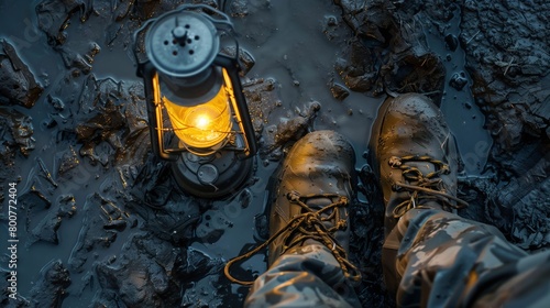 Close-up of muddy hiking boots and a glowing lantern on an adventurous trek photo