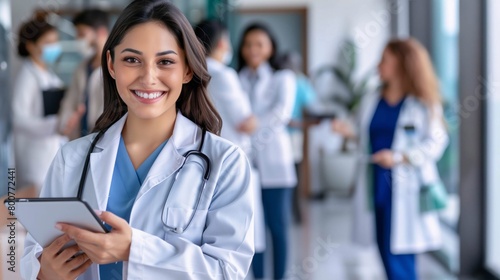 Confident Hispanic Female Doctor with Digital Tablet in Hospital photo