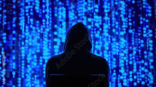  a hacker sitting in front of the computer with blue digtized background