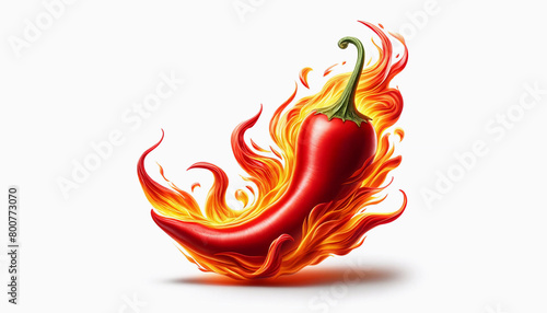 A red chili pepper surrounded by flames on a pure white background