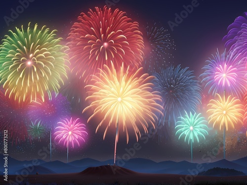 Colorful fireworks background in a bright sky with mountains and sea  night party celebration 