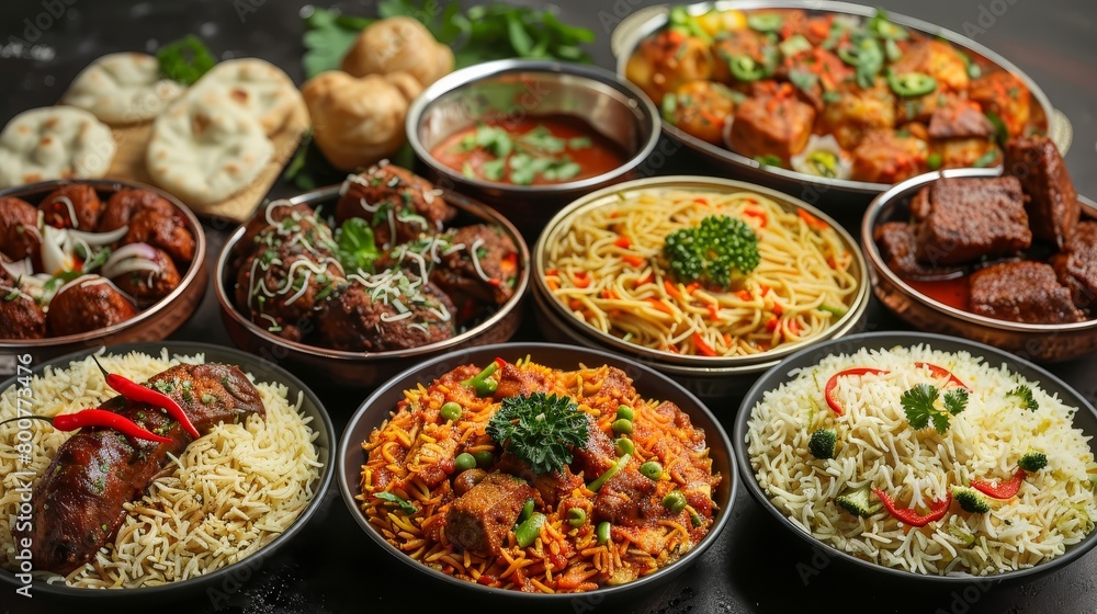 Assorted international cuisine showcase, with dishes like biryanis and carbonara, elegantly arranged, isolated background