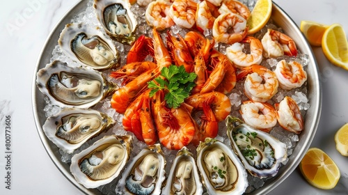 Assorted seafood platter top view, featuring oysters, clams, and scallops, arranged artistically, clean background, studio light