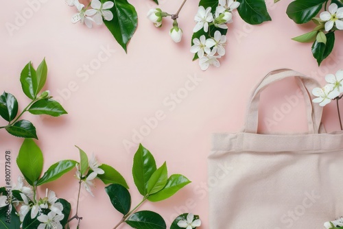 Assorted floral and tree green leaves and white flowers make a shopping bag purse or beauty bag frame on white. Natural sustainable ecologically friendly cosmetics mockup  photo