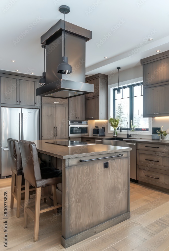 a modern kitchen and cabinets with an island, in the style of architectural chic