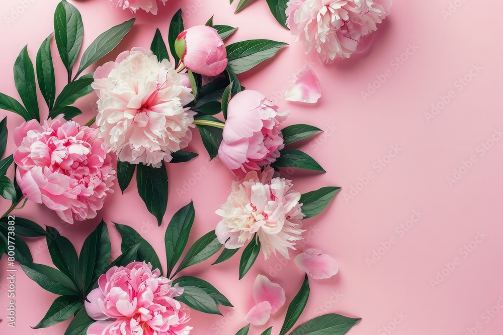 Beautiful delicate peonies on a pink background, blooming flowers Beautiful delicate peonies on a pink background, blooming flowers