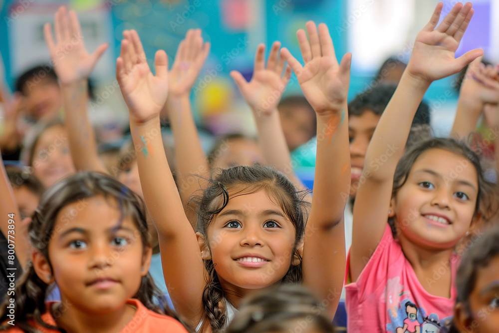 Bright-eyed students eagerly raise their hands in classrooms Bright-eyed students eagerly raise their hands in classrooms