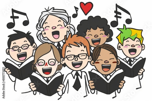 Cartoon cute doodles of a school choir singing together in harmony during choir practice, with musical notes and hearts above their heads, Generative AI