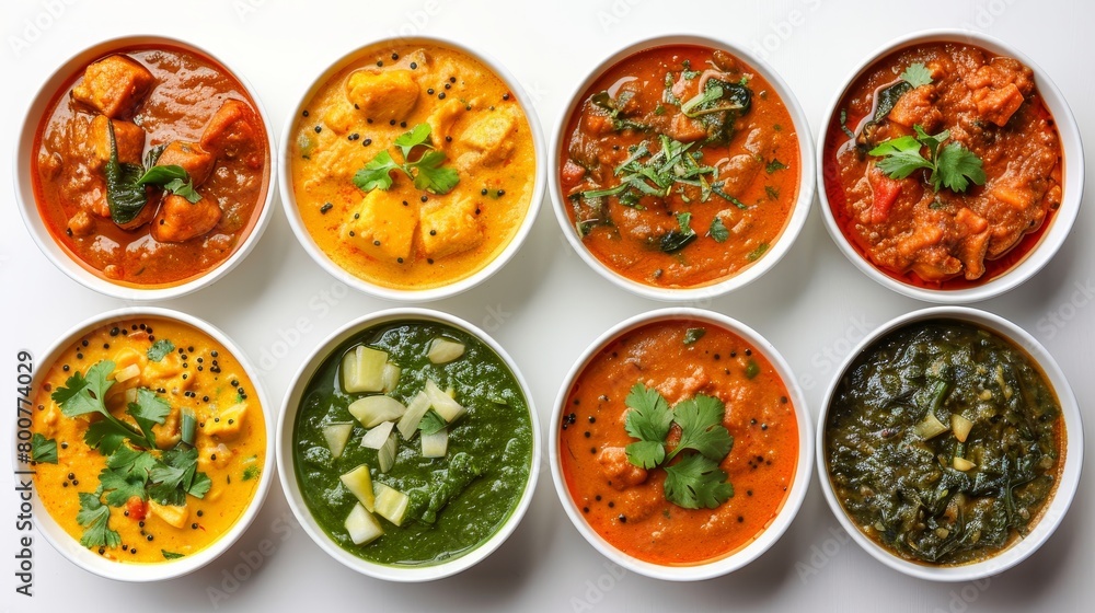 Authentic Indian curry platter, overhead perspective, vibrant colors stand out on a minimalistic white surface, studio lit for clarity Authentic Indian curry platter, overhead perspective, vibrant colors stand out on a minimalistic white surface, studio lit for clarity
