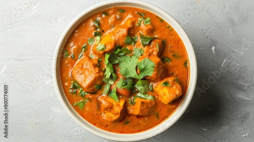 Authentic Indian curry platter, overhead perspective, vibrant colors stand out on a minimalistic white surface, studio lit for clarity