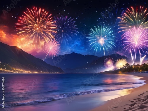 Colorful fireworks background in a bright sky with mountains and sea  night party celebration 