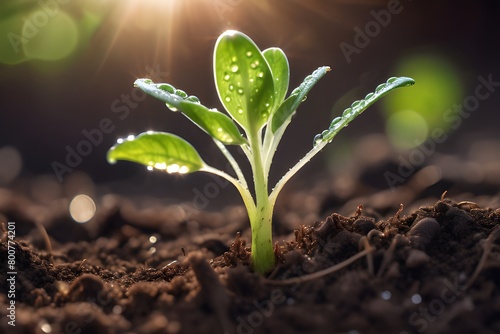A sprouting plant in the sunlight on soil, representing ecology and growth