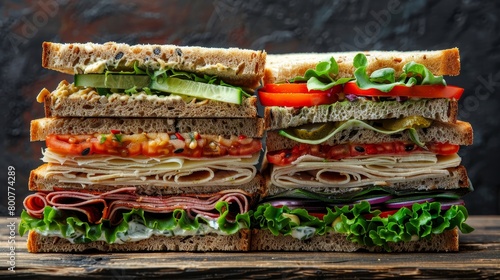 Classic and gourmet sandwich platter, assorted premium fillings, on rustic breads, studio lit, raw look, isolated background focus