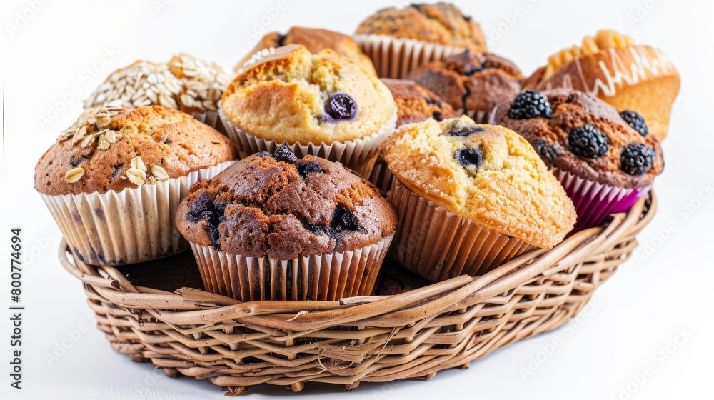 Close-up of a basket of assorted muffins, from blueberry to bran, presented on a pure white background under studio lighting Close-up of a basket of assorted muffins, from blueberry to bran, presented on a pure white background under studio lighting