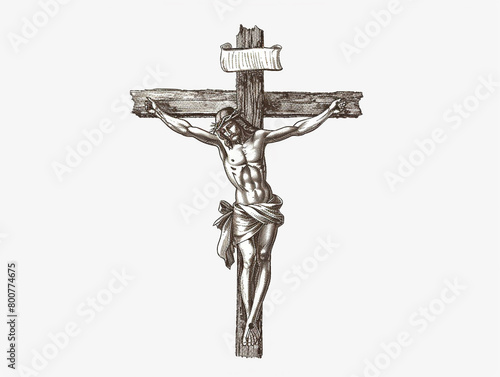 Crucifix cross with jesus sketch hand drawn engraved style religion on white background.