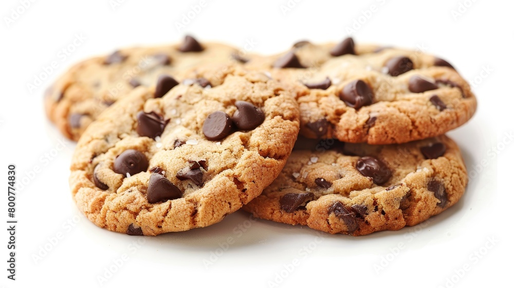 Close-up of freshly baked chocolate chip cookies, gooey and golden with melted chips, isolated on a white background, studio lighting Close-up of freshly baked chocolate chip cookies, gooey and golden with melted chips, isolated on a white background, studio lighting