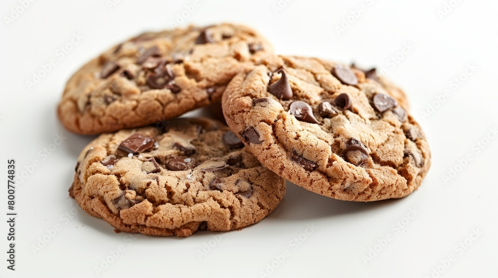 Close-up of freshly baked chocolate chip cookies, gooey and golden with melted chips, isolated on a white background, studio lighting Close-up of freshly baked chocolate chip cookies, gooey and golden with melted chips, isolated on a white background, studio lighting