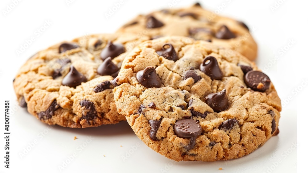 Close-up of freshly baked chocolate chip cookies, gooey and golden with melted chips, isolated on a white background, studio lighting Close-up of freshly baked chocolate chip cookies, gooey and golden with melted chips, isolated on a white background, studio lighting