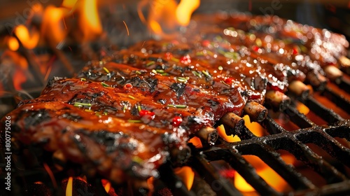 Close-up of succulent barbecue ribs, glistening with sauce, cooked over open flame, vibrant colors, isolated background, studio lighting photo