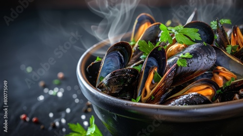 Close-up of steamed mussels with a garnish of parsley, steam visible, dramatic studio lighting to create an inviting and warm atmosphere photo