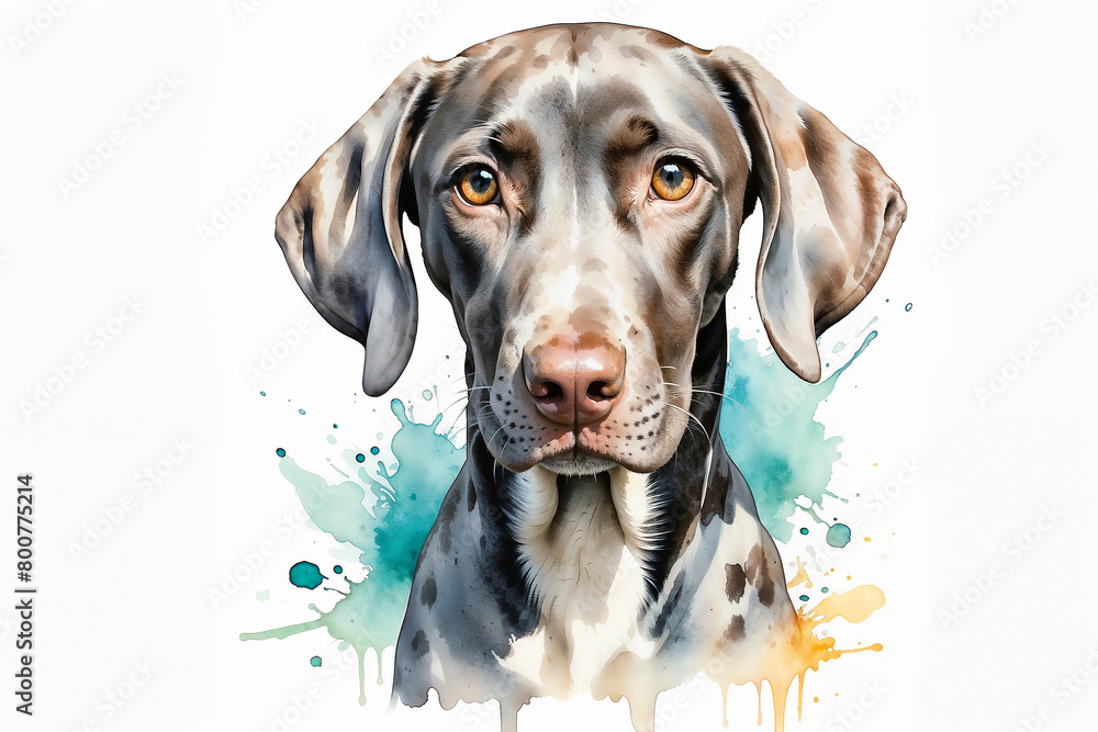 Watercolor German Shorthair Pointer isolated on white background. Pet portrait with copy space..